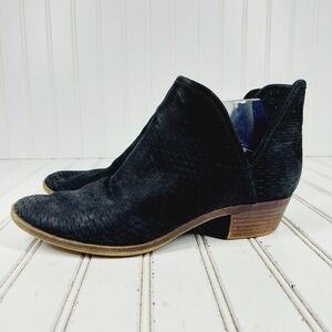 Lucky Brand Baley Black Suede Mesh Block Heel Side Zip Ankle Booties K634